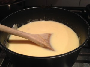 Heat cream, milk, eggs and sugar in a pan